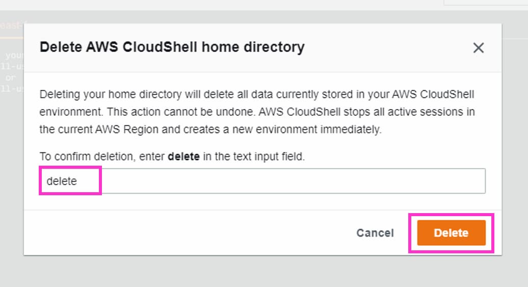 Delete AWS CloudShell home direcrtory